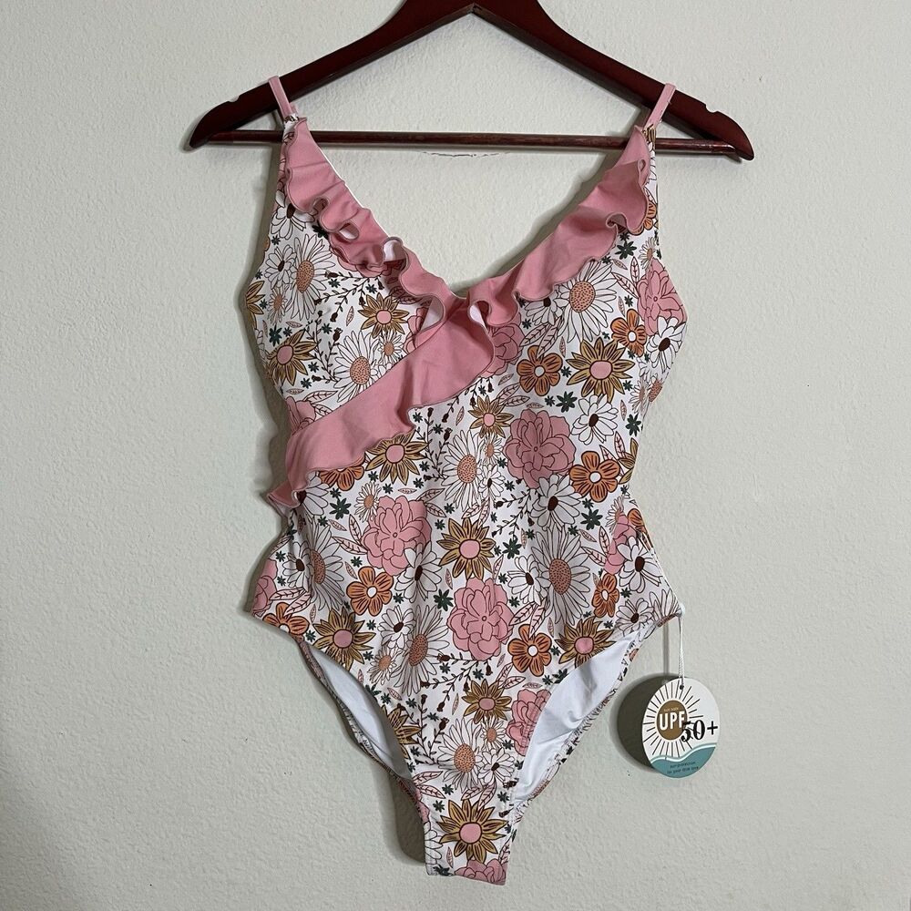 NWT Caden Lane Women’s Teen Girl SZ M Swimsuit Ruffle Floral Pink Blue One Piece